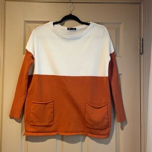 PrettyGarden Color Block Orange‎ and White Sweater w/Front Pockets, Size Small